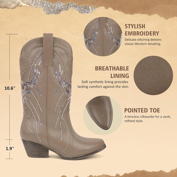 Women's Khaki Mid Calf Western Pointed Toe Embroidered Chunky Heel Cowgirl Boots - Picture 4 of 6